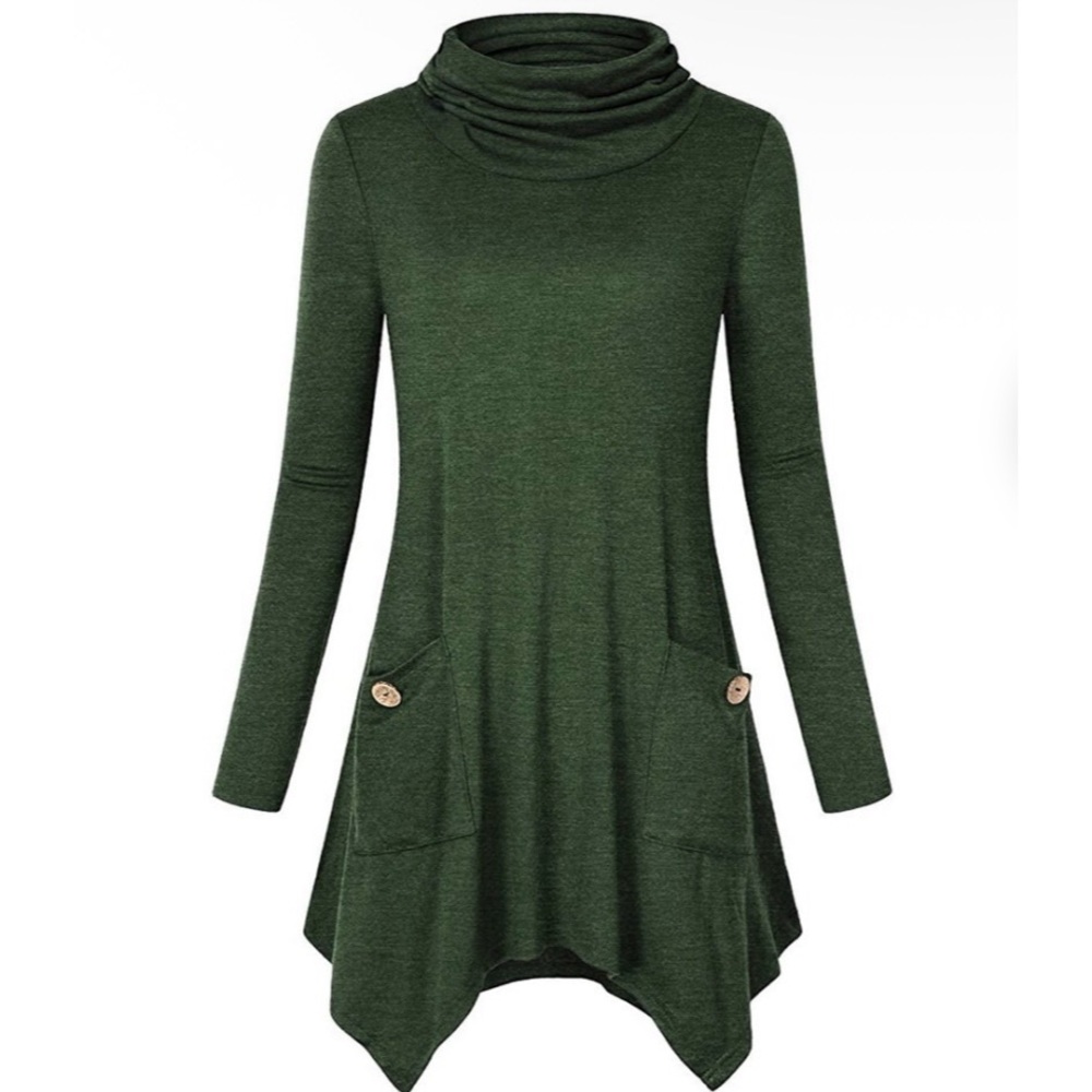 Green Cowl Neck Asymmetrical Tunic with Wood Buttons